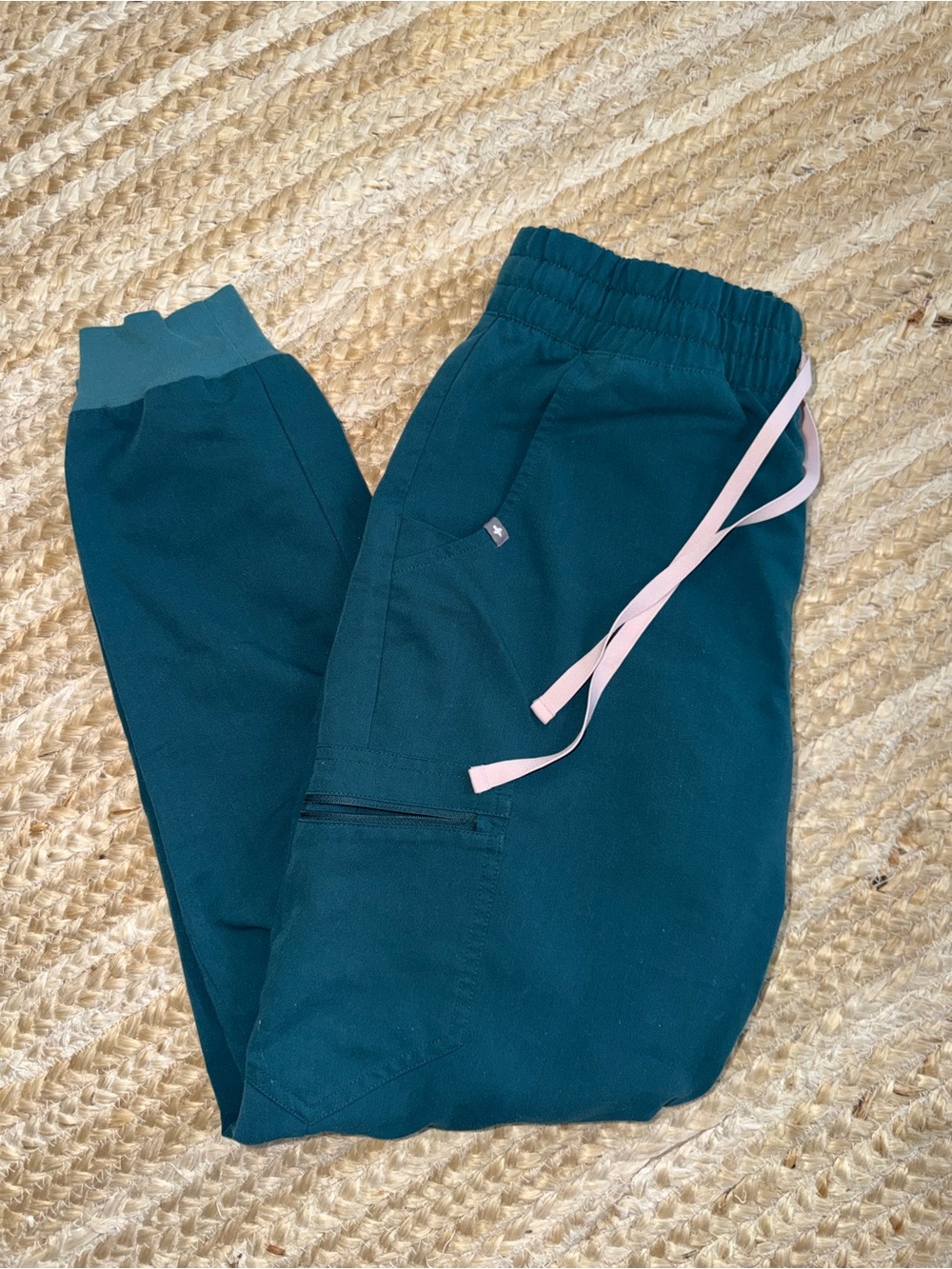 FIGS Caribbean Blue Jogger Scrub Pants with Pink Drawstring and Scrunch Waist